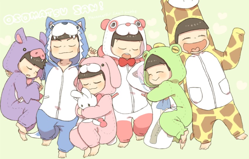 10s, 6+boys, :3, ^_^, alternate_costume, animal_costume, animal_ears, arm_pillow, barefoot, bat_costume, bat_ears, bear_costume, bear_ears, black_hair, blush, bow, brothers, character_print, closed_eyes, closed_mouth, copyright_name, cosplay, dakimakura_(object), drooling, eyebrows, eyelashes, fake_animal_ears, fetal_position, frog_costume, full_body, giraffe_costume, green_background, hands_up, happy, hashimoto_nyaa, heart, heart_in_mouth, holding, holding_stuffed_toy, hood, hug, hugging_object, kigurumi, long_sleeves, lying, male_focus, matsuno_choromatsu, matsuno_ichimatsu, matsuno_jyushimatsu, matsuno_karamatsu, matsuno_osomatsu, matsuno_todomatsu, multiple_boys, on_back, on_side, open_mouth, osomatsu-kun, osomatsu-san, osomatsu_(series), outstretched_arm, pillow, pillow_hug, pink_bow, pocket, rabbit_costume, rabbit_ears, rabbit_tail, red_bow, sextuplets, siblings, sleeping, smile, stitches, stuffed_animal, stuffed_rabbit, stuffed_toy, tail, wolf_costume, wolf_ears, wolf_tail, yukke