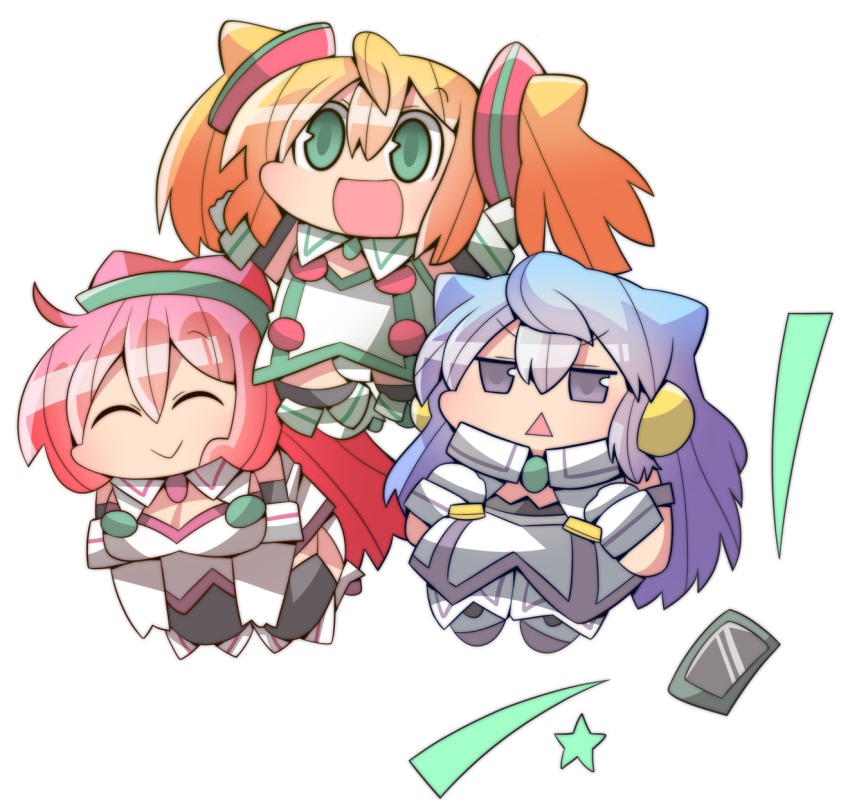 10s, 1boy, 2girls, :>, ^_^, bad_id, bad_pixiv_id, bare_shoulders