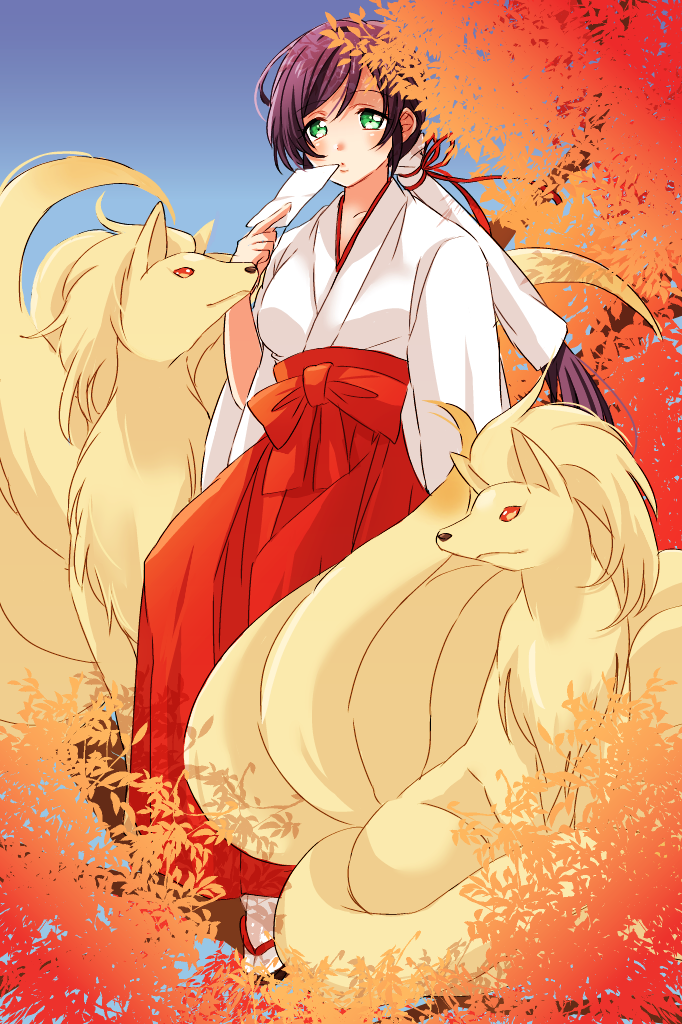 10s, 1girl, blush, card, crossover, fox_tail, gen_1_pokemon, green_eyes, hakama, hakama_skirt, japanese_clothes, kino_(o2ban0), leaf, long_hair, love_live!, love_live!_school_idol_festival, love_live!_school_idol_project, low_ponytail, miko, multiple_tails, ninetales, nintendo, orange_eyes, pokemon, pokemon_(creature), ponytail, purple_hair, red_hakama, sandals, skirt, socks, tail, tojo_nozomi