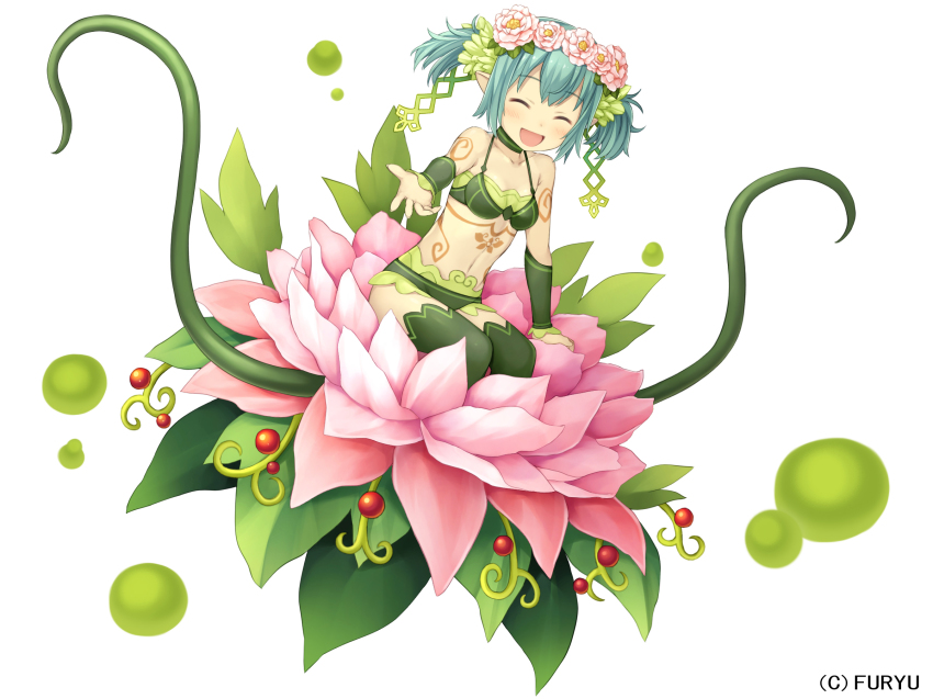 1girl, ^_^, arm_support, arm_warmers, bare_shoulders, blush, bra, chiruchiru_(monmusume-harem), choker, closed_eyes, collarbone, company_name, eyebrows, female_focus, flower, green_bra, green_hair, green_panties, hair_flower, hair_ornament, head_wreath, highres, lotus, markings, monmusu-harem, monmusu_harem, monmusume-harem, monster_girl, namaru_(summer_dandy), navel, official_art, on_flower, open_mouth, outstretched_hand, panties, plant, plant_girl, pointy_ears, short_hair, short_twintails, simple_background, sitting, smile, solo, tattoo, thighhighs, twintails, underwear, vines, white_background