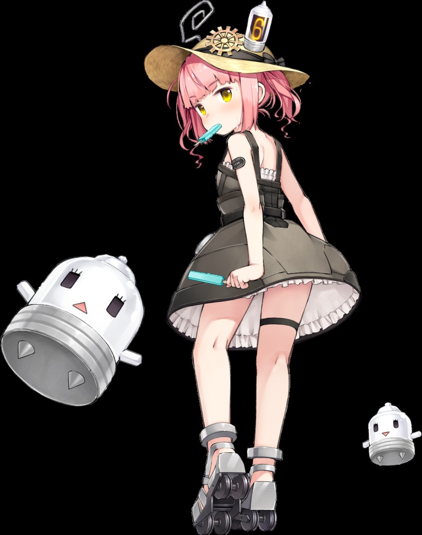 1girl, absurdres, akicolle, back, bare_back, black_bow, blush, bow, dress, eating, eyebrows, female_focus, food, from_behind, full_body, hat, highres, holding, looking_at_viewer, looking_back, mouth_hold, namaru_(summer_dandy), official_art, pink_hair, popsicle, roller_skates, short_hair, short_twintails, skates, solo, sun_hat, sweat, transparent_background, triangle_mouth, twintails, yellow_eyes