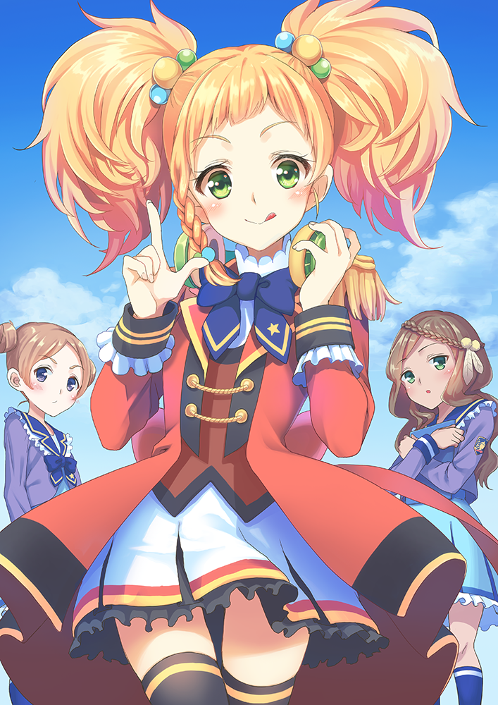 10s, 3girls, :q, aikatsu!, aikatsu!_(series), aikatsu_stars!, ashida_yuuri, band_uniform, black_legwear, blonde_hair, blue_eyes, blush, bouzu_(bonze), braid, brown_hair, commentary_request, double_bun, epaulettes, frilled_skirt, frills, green_eyes, hair_bobbles, hair_bun, hair_ornament, hairband, headphones, headphones_around_neck, katsura_miki_(aikatsu!), licking_lips, long_hair, looking_at_viewer, multiple_girls, nikaido_yuzu, open_mouth, school_uniform, short_hair, single_braid, skirt, smile, thighhighs, tongue, tongue_out, twintails