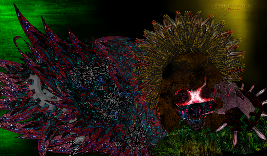 absurdres, alternate_costume, androgynous, artist_name, asymmetrical_wings, blood, blood_on_face, brown_hair, bug, chara_(undertale), character_name, claws, clock, creepy, creepy_eyes, dark, dark_persona, darkness, decay, demon, flesh, flower, gears, gender_request, halo, helmet, highres, huge_filesize, knife, looking_at_viewer, md5_mismatch, mechanical_wings, red_eyes, shirt, short_hair, smile, soggates-nyan_(amurka-chan), solo, spoilers, sunflower, text_focus, undertale, utdr_(toby_fox), visor, wings