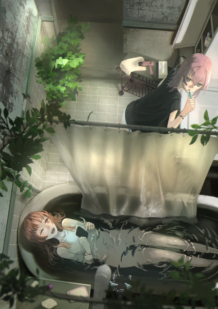 10s, 2girls, alternate_costume, alternate_hairstyle, bath, bathing, bathroom, bathtub