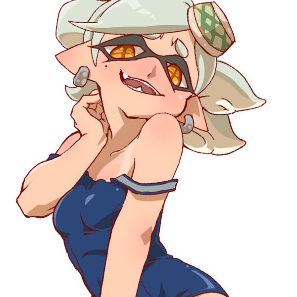 +_+, 1girl, alternate_costume, bad_id, bad_twitter_id, bare_shoulders, blush, collarbone, earrings, fang, female_focus, food, food_on_head, hat, honcha, inkling, jewelry, looking_at_viewer, marie_(splatoon), mole, mole_under_eye, nintendo, object_on_head, one-piece_swimsuit, one-piece_tan, open_mouth, pointy_ears, school_swimsuit, short_hair, silver_hair, simple_background, solo, splatoon_(series), splatoon_1, strap_slip, swimsuit, symbol-shaped_pupils, tan, tanline, tentacle_hair, tentacles, thick_eyebrows, white_background