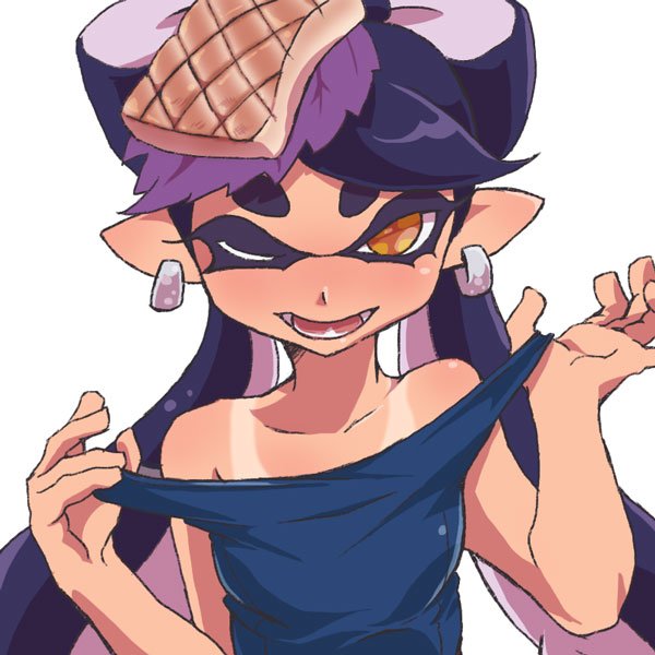 +_+, 1girl, alternate_costume, bad_id, bad_twitter_id, bare_shoulders, black_hair, breasts, callie_(splatoon), earrings, fang, female_focus, food, food_on_head, hat, honcha, inkling, inkling_player_character, jewelry, long_hair, looking_at_viewer, nintendo, object_on_head, one-piece_swimsuit, one-piece_tan, one_eye_closed, open_mouth, pointy_ears, school_swimsuit, simple_background, small_breasts, solo, splatoon_(series), splatoon_1, strap_pull, swimsuit, symbol-shaped_pupils, tan, tanline, tentacle_hair, tentacles, thick_eyebrows, white_background