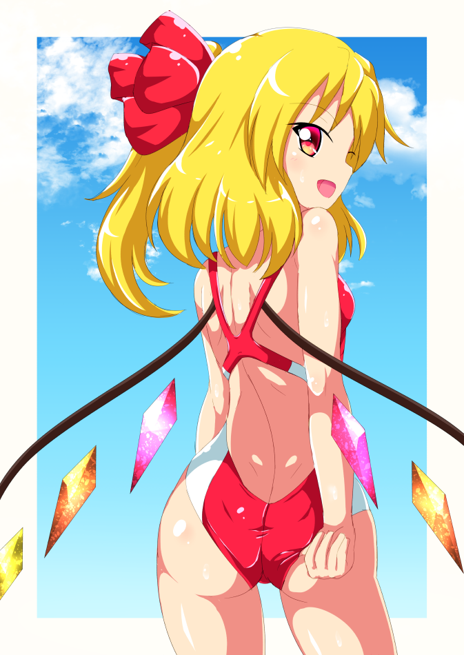 1girl, adjusting_clothes, adjusting_swimsuit, ass, blonde_hair, competition_swimsuit, female_focus, flandre_scarlet, from_behind, kagayama_hajime, looking_back, one-piece_swimsuit, red_eyes, red_one-piece_swimsuit, short_hair, side_ponytail, solo, swimsuit, touhou, wings