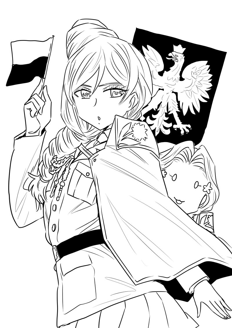 10s, 2girls, blonde_hair, braid, female_focus, girls_und_panzer, girls_und_panzer_ribbon_no_musha, jajka_(girls_und_panzer), military, military_vehicle, monochrome, motor_vehicle, multiple_girls, poland, skirt, tagme, tank, uszka_(girls_und_panzer), white_background