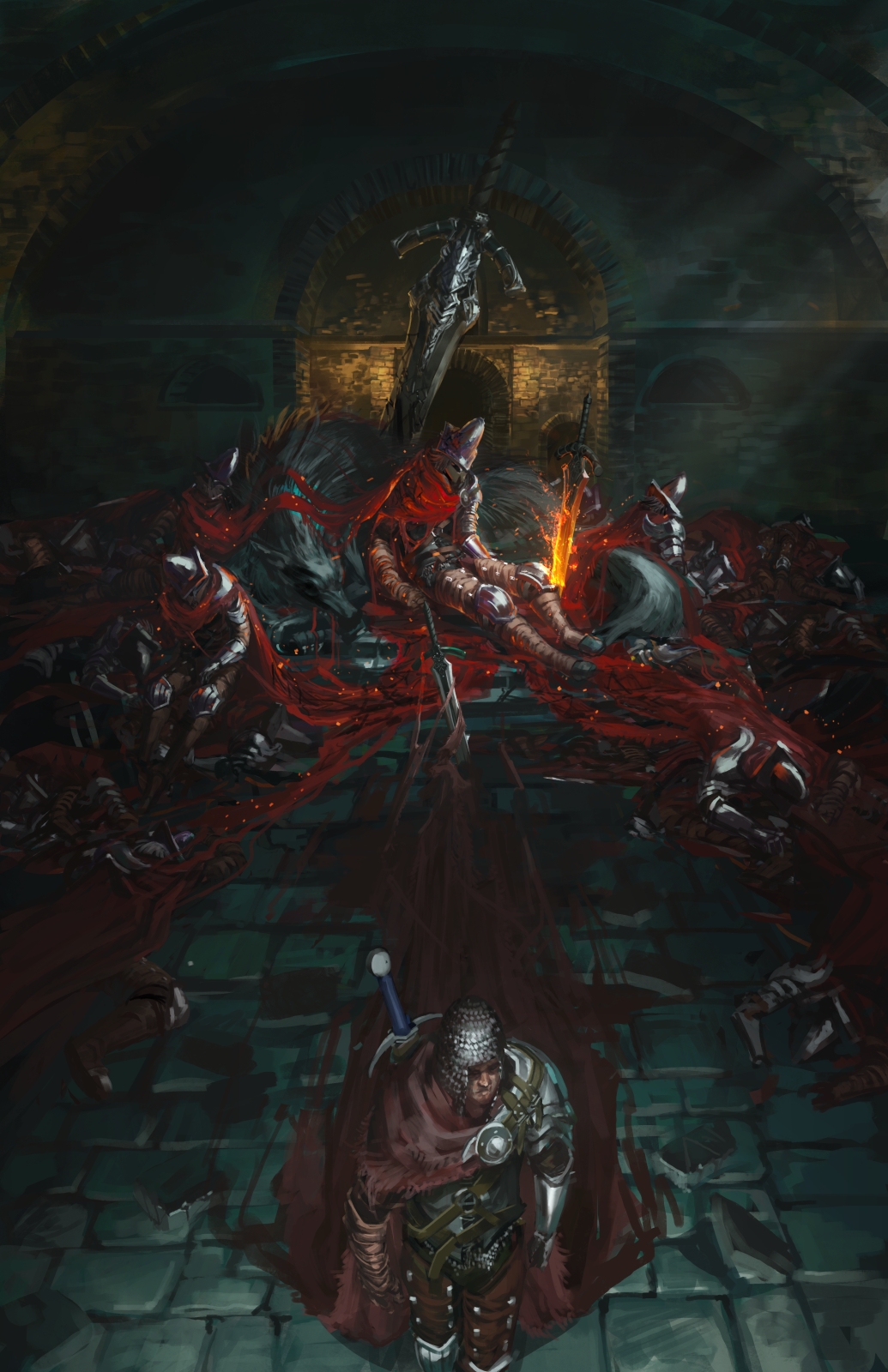 abyss_watcher, armor, ashen_one_(dark_souls), burning, cape, dark_souls_(series), dark_souls_iii, fromsoftware, hawkwood_(dark_souls), highres, ishutani, scenery, sword, walking, weapon, wolf