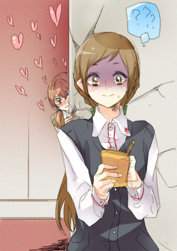 2girls, aihara_miki, brown_hair, clenched_teeth, crack, cracked_wall, false_smile, heart