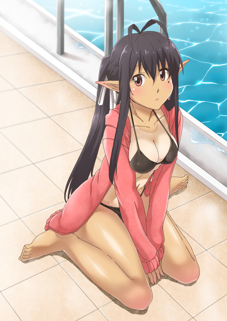 1girl, antenna_hair, barefoot, between_legs, bikini, bikini_under_clothes, black_bikini, black_hair