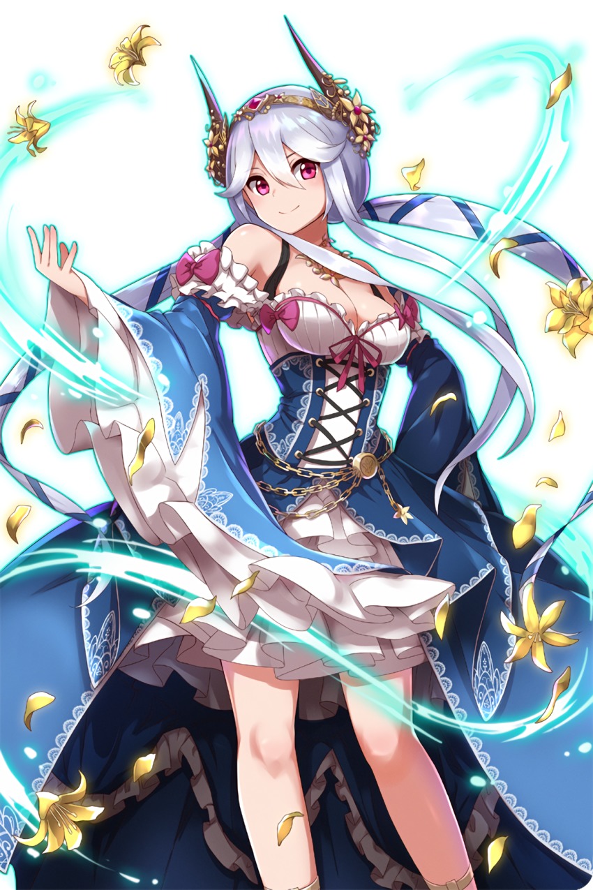 1girl, alternate_costume, artist_request, blue_dress, breasts, cleavage, dress, female_focus, flower, frills, guinevere_(soccer_spirits), hair_ornament, highres, large_breasts, long_hair, official_art, red_eyes, soccer_spirits, solo, standing, white_hair, wide_sleeves, yellow_flower