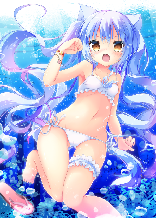 1girl, :d, animal_ears, barefoot, bikini, brown_eyes, cat_ears, cat_tail, fang, female_focus, freediving, frilled_thigh_strap, long_hair, looking_at_viewer, natsuki_yuu_(amemizu), navel, ocean, open_mouth, original, paw_pose, sandals, smile, solo, submerged, swimming, swimsuit, tail, thigh_strap, underwater, unworn_sandals, white_bikini, white_hair