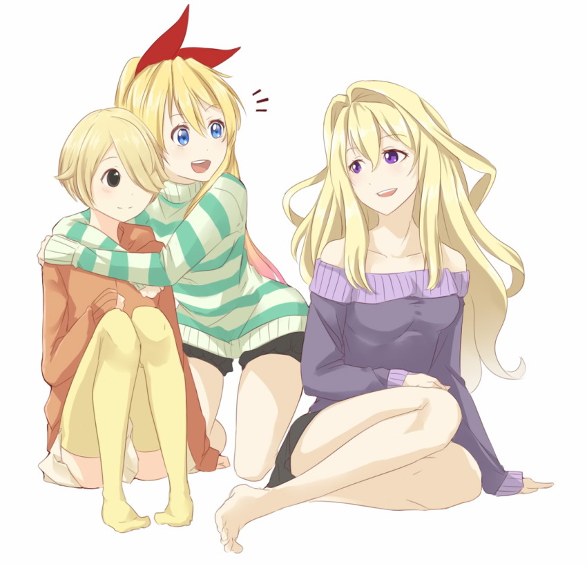 10s, 3girls, :d, barefoot, blonde_hair, blue_eyes, blue_hair, claudia_enfield, crossover, gakusen_toshi_asterisk, hair_over_one_eye, hug, kirisaki_chitoge, multiple_crossover, multiple_girls, nisekoi, no_shoes, oota_saya, open_mouth, saruno_(eyesonly712), short_hair, smile, striped_clothes, striped_sweater, sweater, tanaka-kun_wa_itsumo_kedaruge, touyama_nao, turtleneck, voice_actor_connection