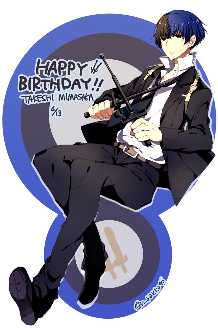 10s, 1boy, baton, baton_(weapon), black_hair, blue_hair, character_name, expandable_baton