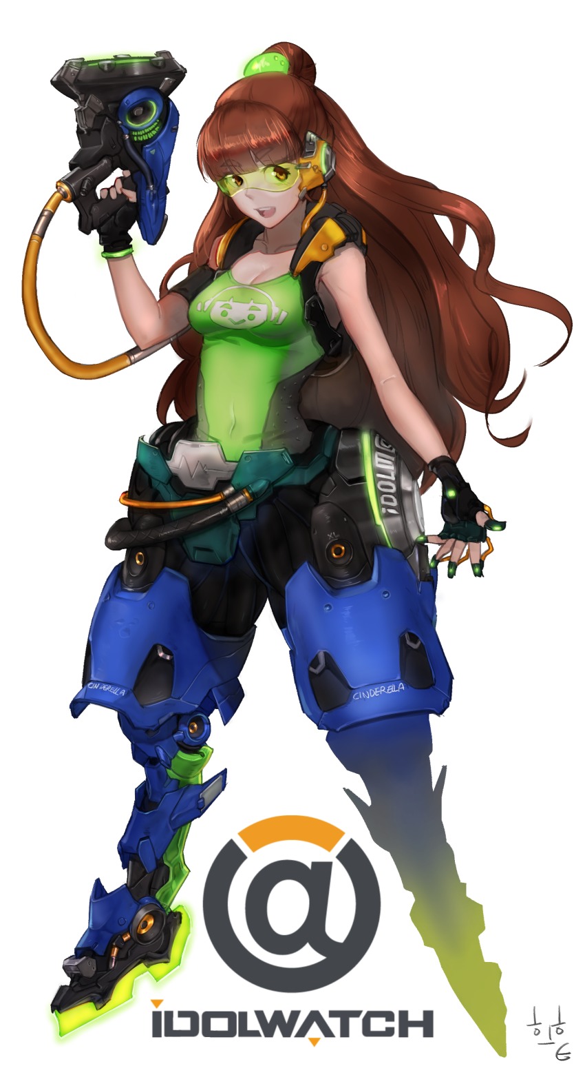 1girl, absurdres, blush, breasts, brown_hair, copyright_name, cosplay, crossdressing