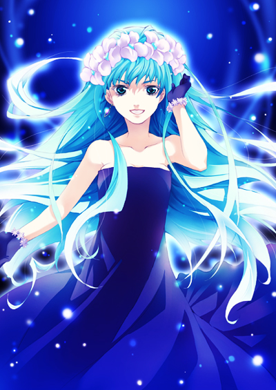 00s, bare_shoulders, blue_eyes, blue_hair, dress, gloves, long_hair, macross