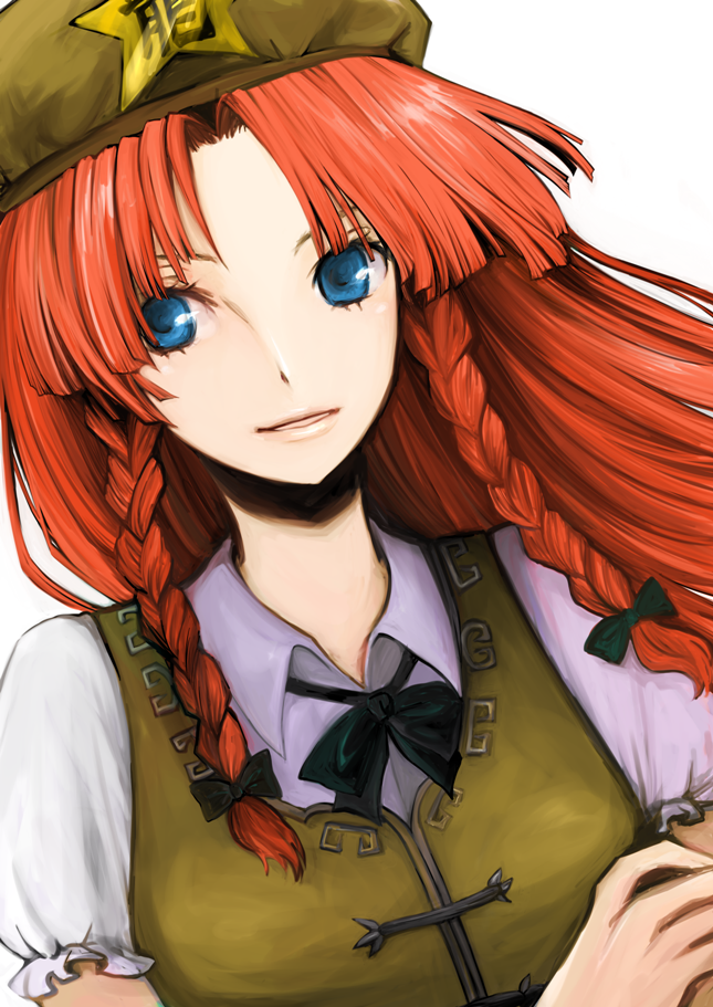 1girl, bad_id, bad_pixiv_id, blue_eyes, braid, embodiment_of_scarlet_devil, female_focus, hat