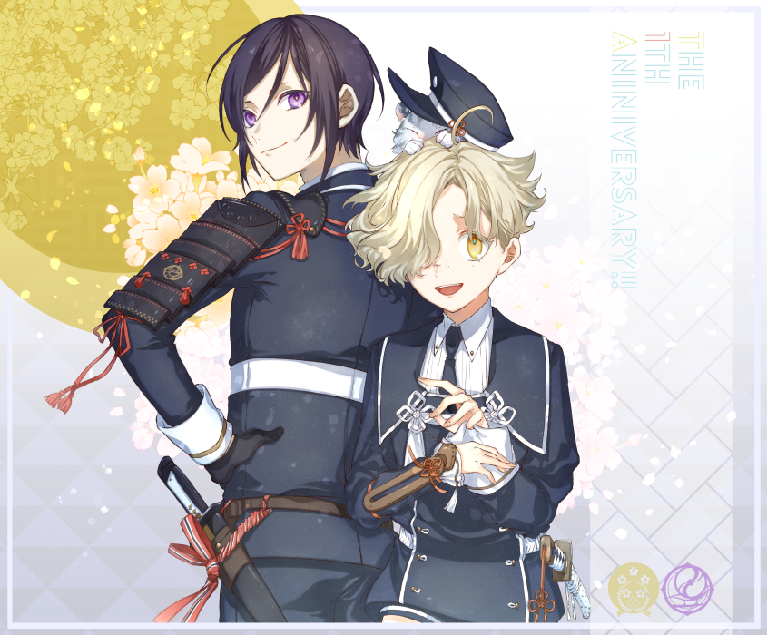 10s, 2boys, animal, animal_on_head, armor, baby_animal, black_gloves, black_hair