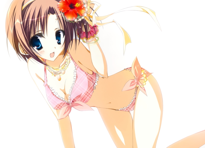1girl, bikini, blue_eyes, blush, breasts, brown_hair, cleavage, female_focus