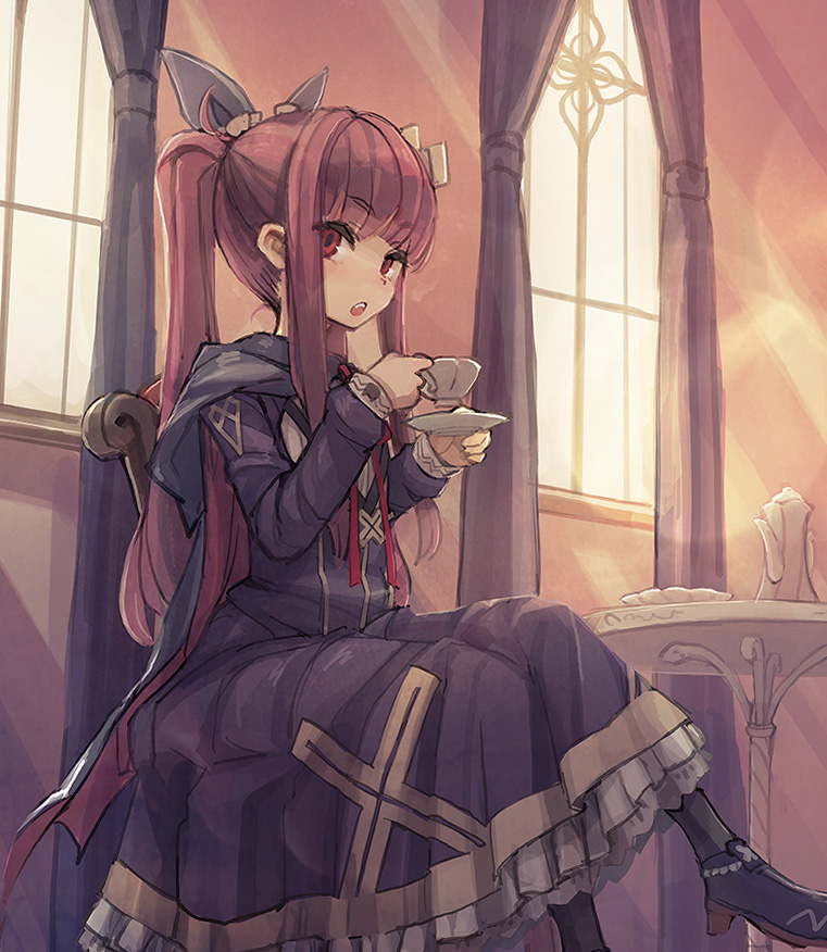 1girl, alucard_lore, bee_(deadflow), bow, chair, crossed_legs, cup, curtains, dress, emil_chronicle_online, female_focus, hair_bow, long_hair, looking_at_viewer, open_mouth, purple_hair, red_eyes, saucer, sitting, solo, table, teacup, teapot, twintails, window