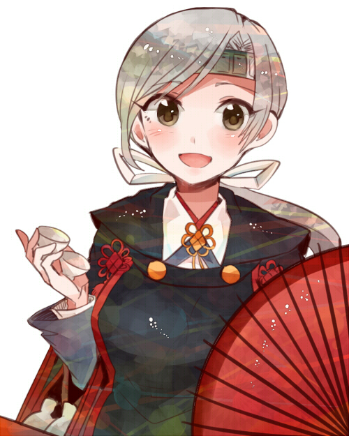 10s, 1girl, blush, breasts, brown_eyes, chitose_(kancolle), chitose_(rainy_season)_(kancolle), choko_(cup)