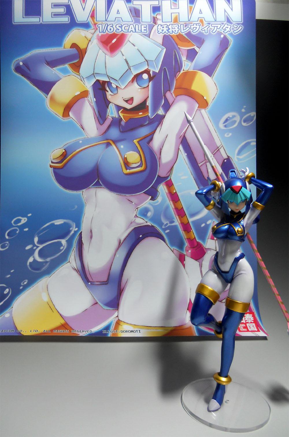 1girl, android, blue_eyes, boots, breasts, capcom, doromoti_(artist), female_focus, figure, helmet, highres, large_breasts, fairy_leviathan_(mega_man), mega_man_(series), mega_man_zero_(series), photo_(medium), polearm, smile, solo, spear, suteito, thigh_boots, thighhighs, watermark, weapon