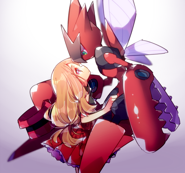 1girl, blonde_hair, claws, female_focus, gen_2_pokemon, mega_pokemon, mega_scizor, nintendo
