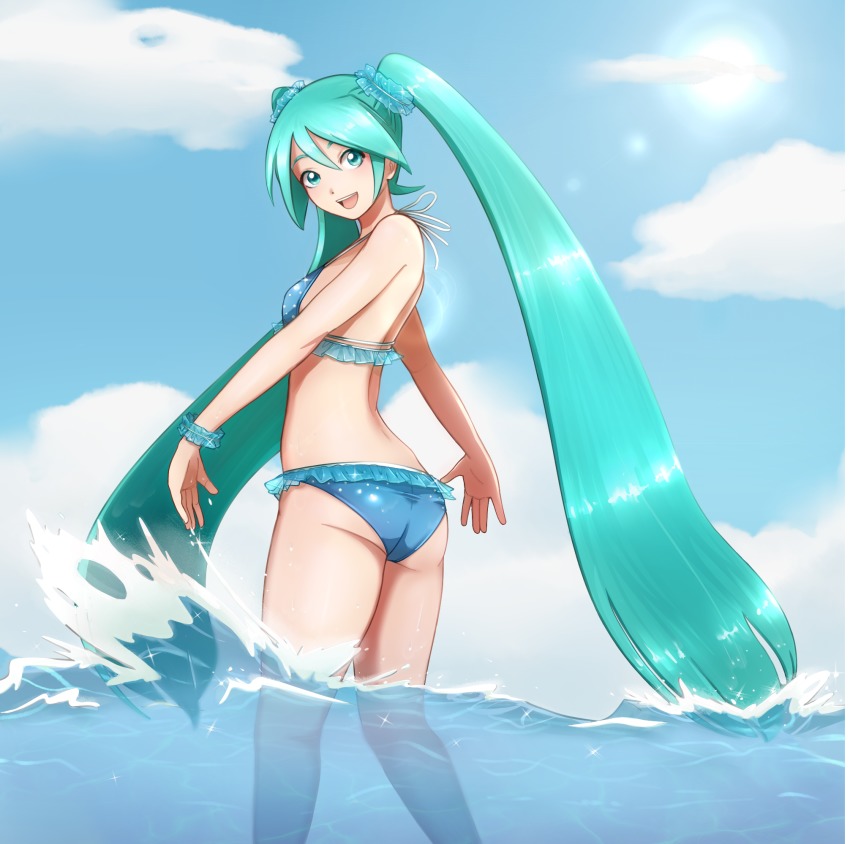 1girl, :d, aqua_eyes, aqua_hair, bad_id, bad_pixiv_id, bikini, cloud, day, female_focus, hatsune_miku, highres, lavie_(bansheestrikes), long_hair, looking_back, open_mouth, scrunchie, sky, smile, solo, swimsuit, twintails, very_long_hair, vocaloid, wading, water