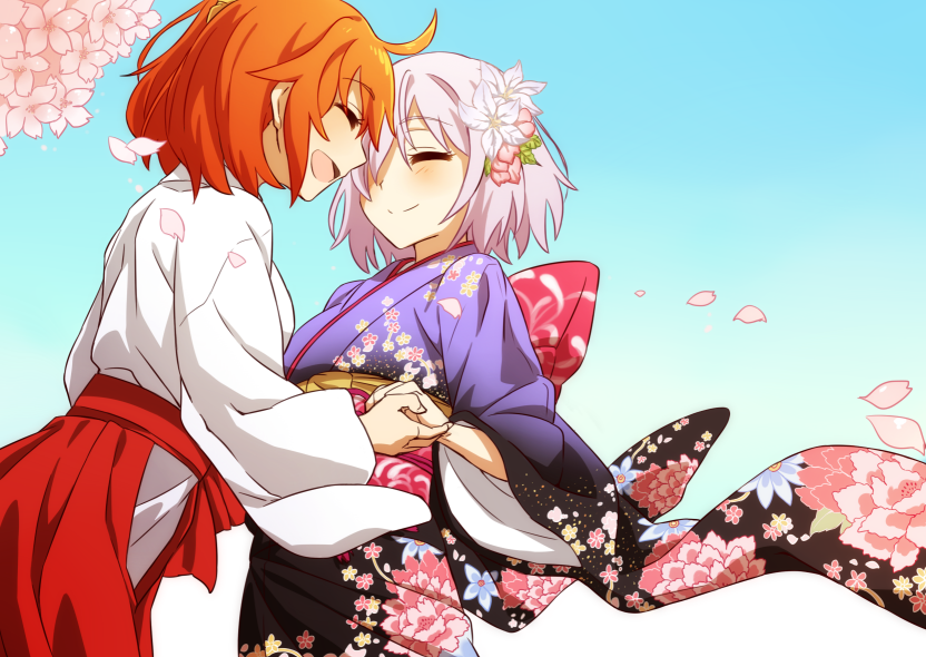 2girls, :d, ^_^, alternate_costume, blush, cherry_blossoms, closed_eyes, clothing_cutout