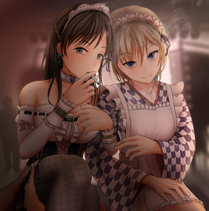 10s, 2girls, anastasia_(idolmaster), apron, bad_id, bad_pixiv_id, bare_shoulders, blue_eyes