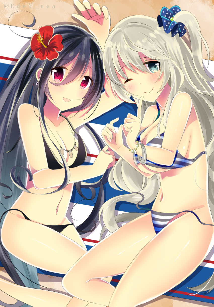 10s, 2girls, bad_id, bad_pixiv_id, beach_towel, bell, bell_earrings, bikini