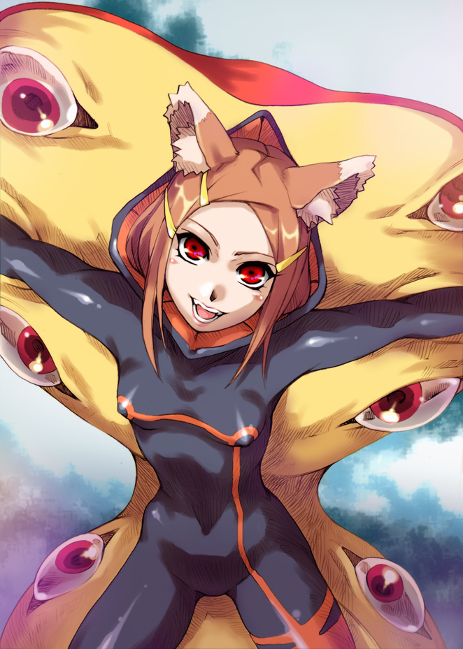 1girl, anemone_(cosplay), anemone_(eureka_seven), anemone_(eureka_seven)_(cosplay), animal_ears, bodysuit, brown_hair, cockpit, cosplay, eureka_seven, eureka_seven_(series), female_focus, hair_ornament, hairclip, hisahiko, holo, koshimizu_ami, long_hair, red_eyes, single_vertical_stripe, solo, spice_and_wolf, voice_actor_connection, wolf_ears