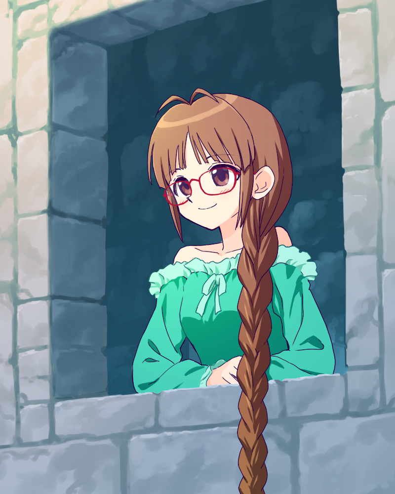 1girl, akizuki_ritsuko, antenna_hair, braid, brick_wall, brown_hair, closed_mouth, collarbone