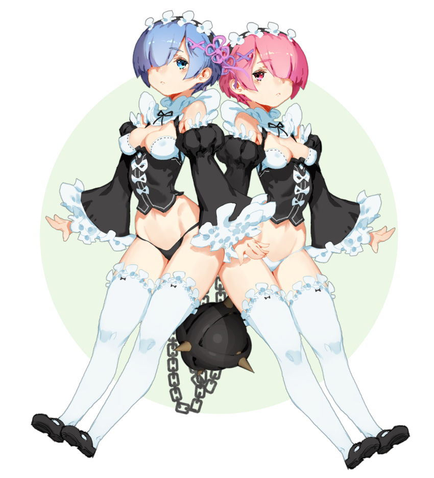 10s, 2girls, black_panties, blue_eyes, blue_hair, breasts, chain, cleavage, cleavage_cutout, clothing_cutout, codename47, detached_sleeves, frills, hair_ornament, hair_over_one_eye, highres, looking_at_viewer, maid, maid_headdress, mary_janes, medium_breasts, multiple_girls, no_pants, panties, pink_hair, ram_(re:zero), re:zero_kara_hajimeru_isekai_seikatsu, red_eyes, rem_(re:zero), shoes, short_hair, siblings, simple_background, sisters, small_breasts, symmetry, thighhighs, twins, underwear, white_legwear, white_panties, x_hair_ornament