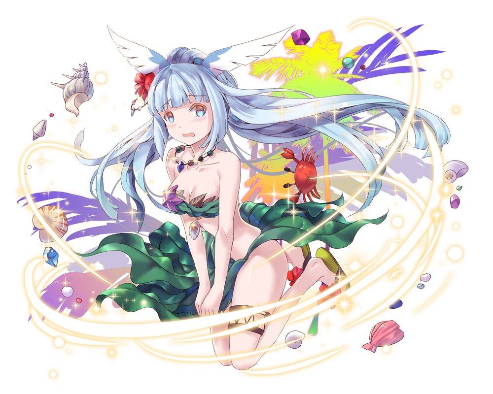 1girl, animal, animal_ears, bare_shoulders, barefoot, blue_eyes, blue_hair, crab