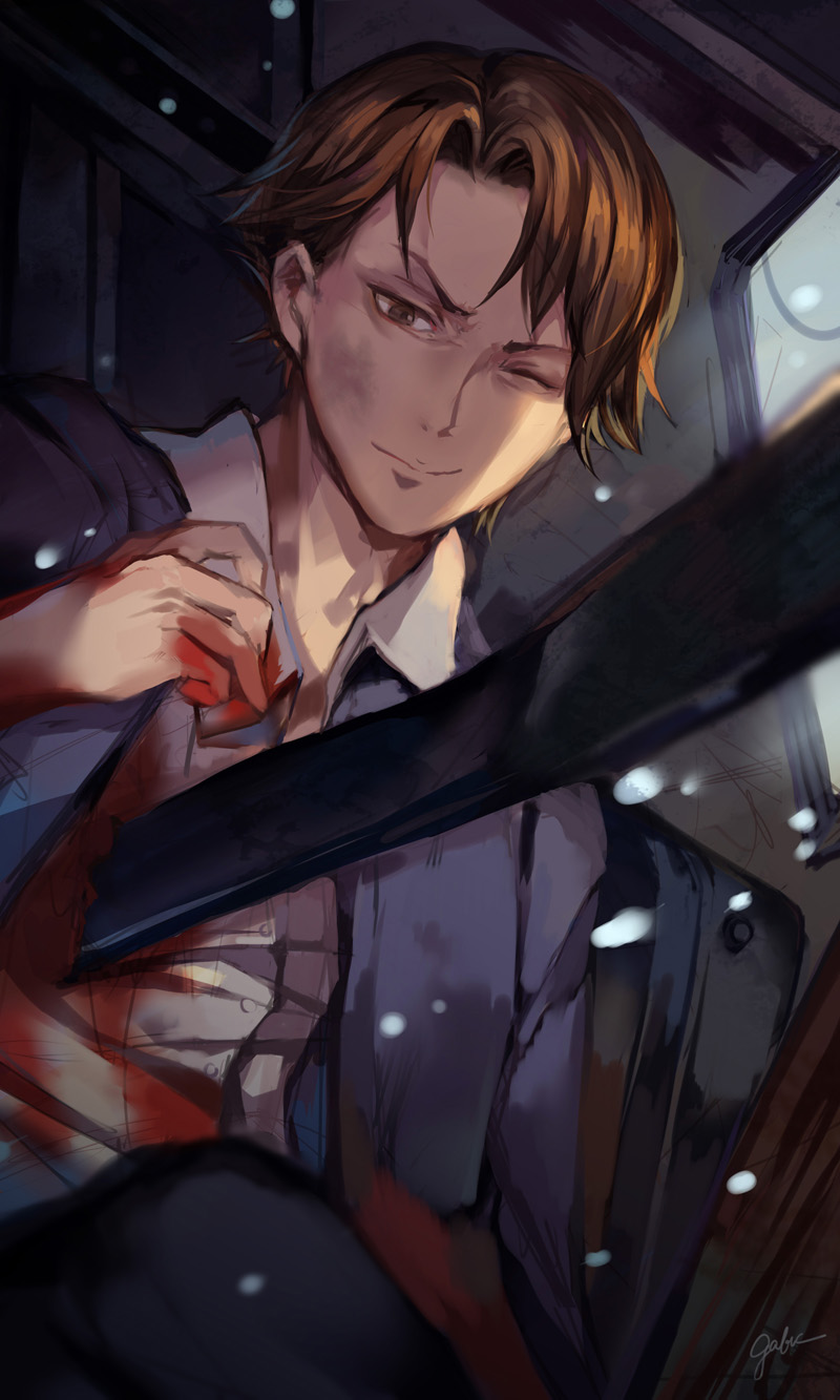 1boy, blood, brown_eyes, brown_hair, from_above, gabuccc, highres, impaled