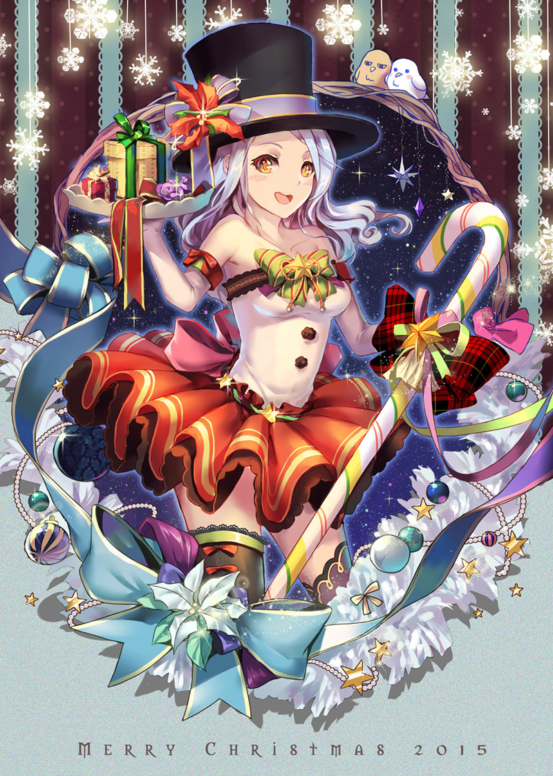 10s, 1girl, 2015, bare_shoulders, bird, black_thighhighs, blue_hair, bow, breasts, candy, candy_cane, christmas, elbow_gloves, female_focus, food, gabuccc, gift, gloves, hat, looking_at_viewer, merry_christmas, open_mouth, original, ornament, plaid_bow, plant, red_skirt, skirt, solo, star_(symbol), thighhighs, top_hat, white_gloves