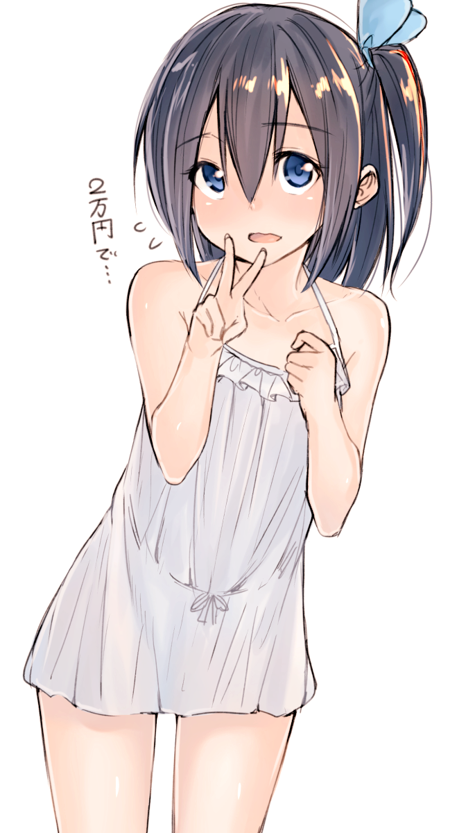 1girl, bare_shoulders, black_hair, blue_eyes, blush, dress, female_focus, hair_ribbon
