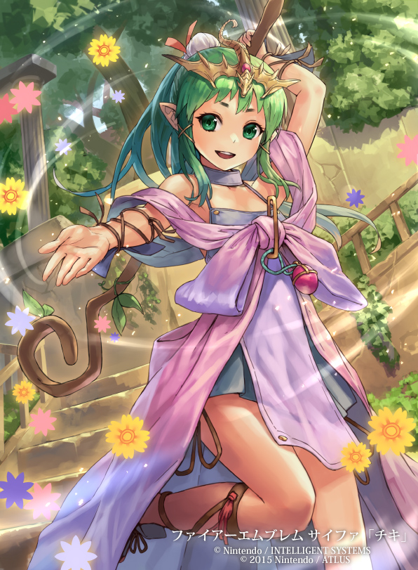 1girl, chiki_(gir#fe), child, cuboon, female_focus, fire_emblem, flower, green_eyes, green_hair, hair_ornament, long_hair, matching_hair/eyes, nintendo, pointy_ears, solo, staff, tiara, tiki_(fire_emblem), tiki_(young)_(fire_emblem), tokyo_mirage_sessions_fe
