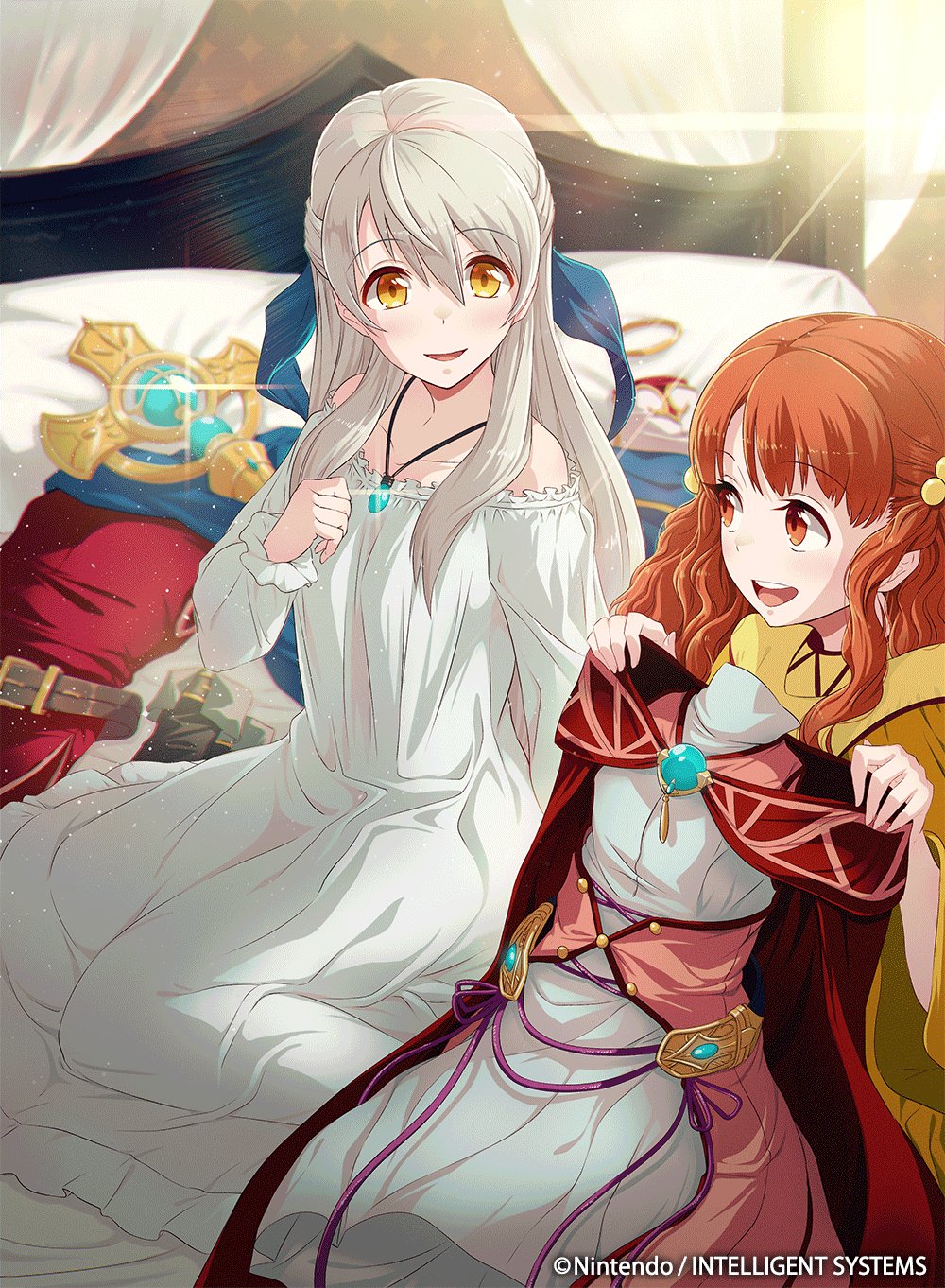 2girls, 40hara, :d, bare_shoulders, bed, copyright_name, dress, fire_emblem