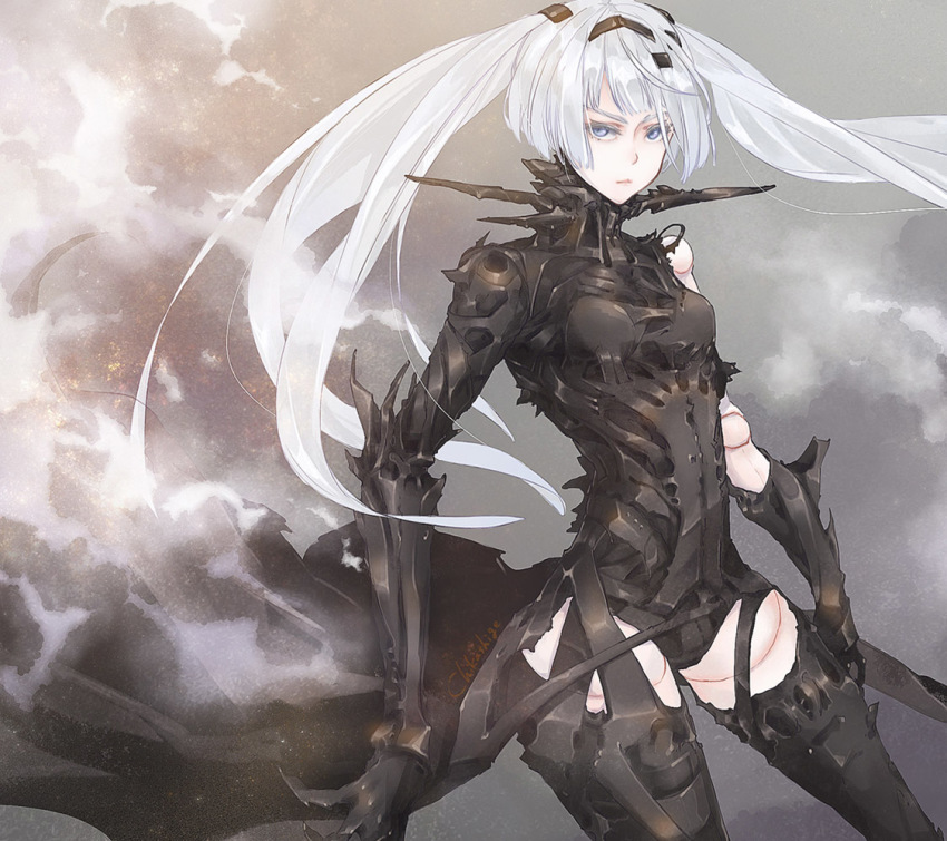 1girl, armor, artist_name, blue_eyes, chikashige, cowboy_shot, doll_joints, female_focus, gradient_background, hair_ornament, joints, long_hair, ningyou_no_kuni, smoke, solo, twintails, white_hair