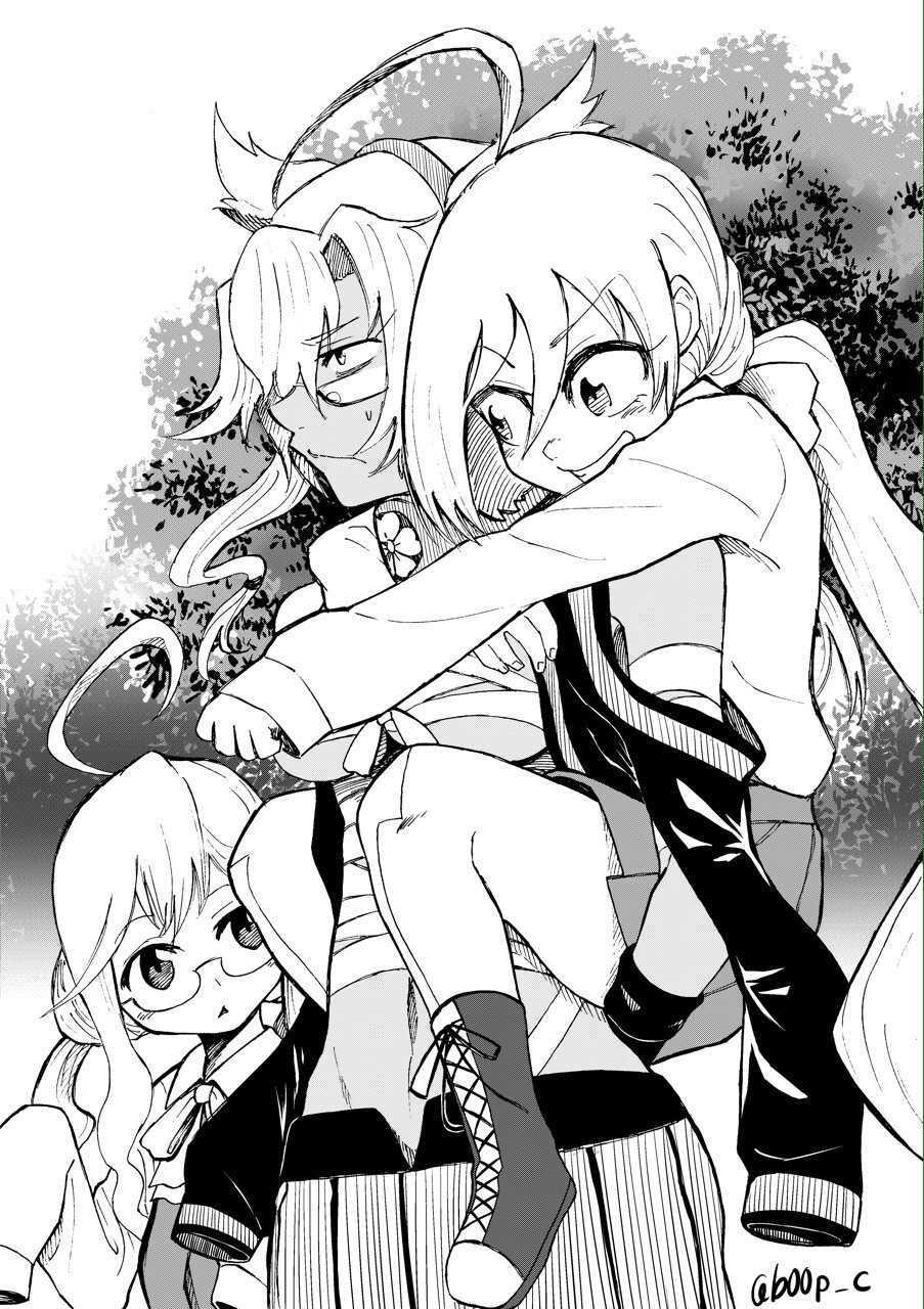 10s, 3girls, ahoge, bad_id, bad_pixiv_id, carrying, glasses, greyscale