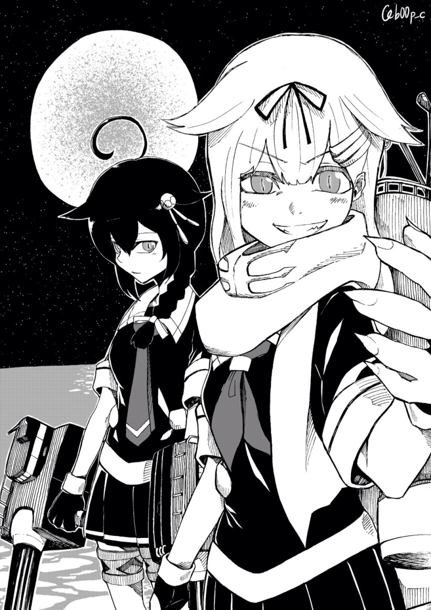 10s, 2girls, bad_id, bad_pixiv_id, black_skirt, bow, braid, gloves