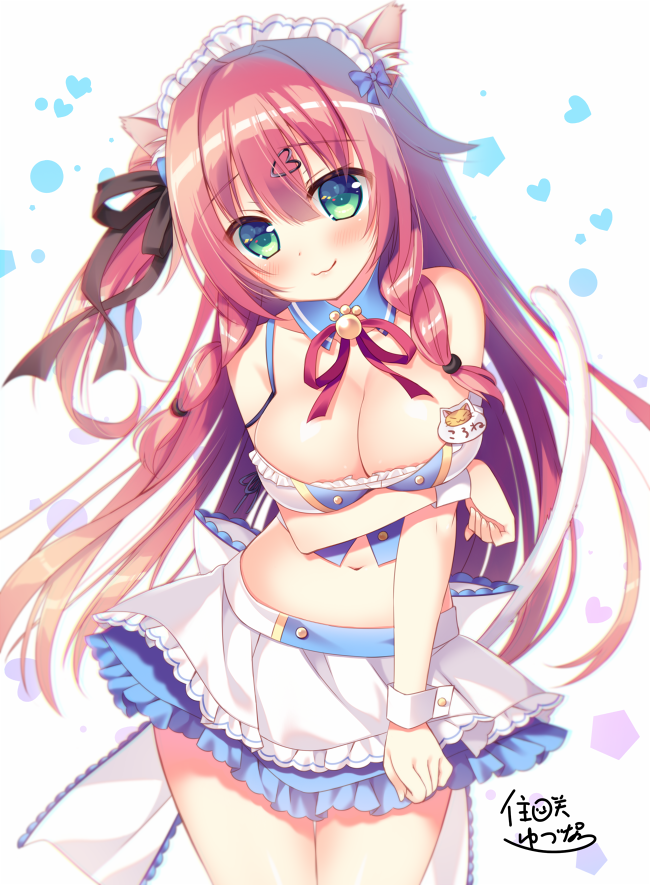 1girl, :3, animal_ears, black_ribbon, blush, breasts, brown_hair, bursting_breasts, cat_ears, cat_tail, cleavage, cowboy_shot, crop_top, detached_collar, female_focus, gold_trim, green_eyes, hair_ornament, head_tilt, heart, heart_hair_ornament, large_breasts, long_hair, maid_headdress, midriff, navel, nekohana_korone, nekohara_korone, one_side_up, paw_print, red_ribbon, ribbon, sidelocks, skirt, solo, sumisaki_yuzuna, tail, thigh_gap, very_long_hair, wan_nyan_a_la_mode!, white_background, wrist_cuffs