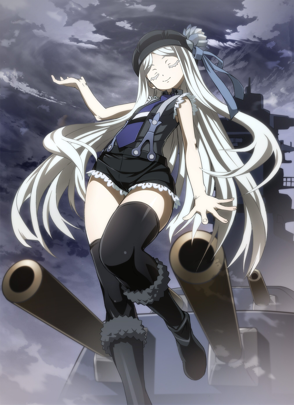 10s, 1girl, aoki_hagane_no_arpeggio, beret, black_boots, black_thighhighs, boots, closed_eyes