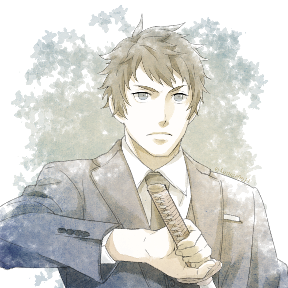 1boy, black_necktie, brown_hair, formal_clothes, grey_eyes, instagram_username, joker_game, k0mk0mk0m