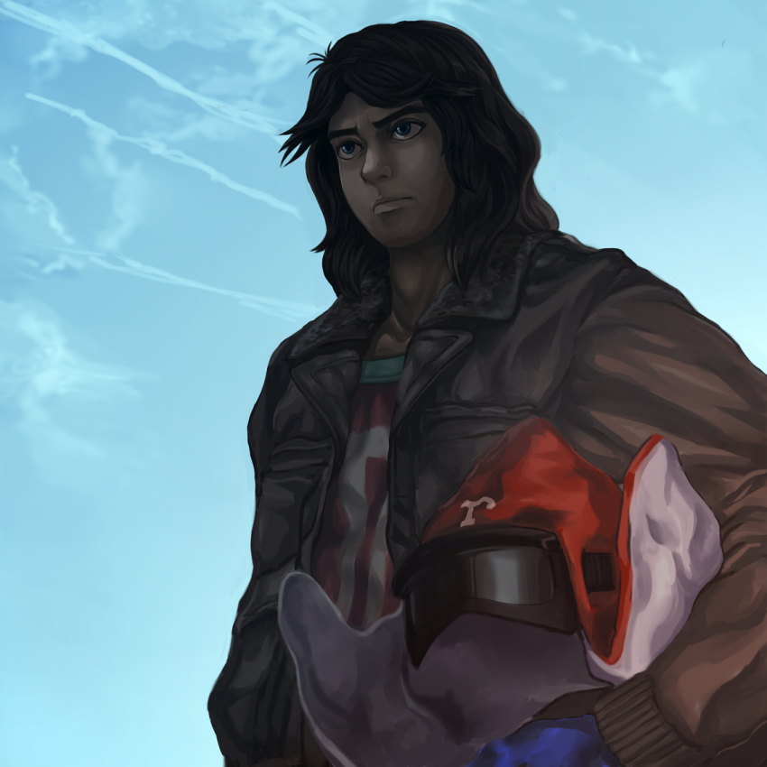 1boy, bad_id, bad_pixiv_id, black_hair, blue_eyes, blue_gloves, doro_in, from_below, gatchaman, gloves, helmet, holding, holding_unworn_helmet, jacket, ken_the_eagle, male_focus, shaded_face, solo, spoilers, unworn_helmet, upper_body