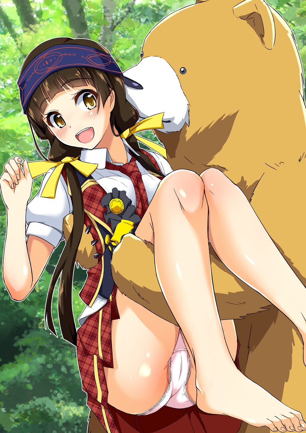 10s, 1girl, :d, amayadori_machi, barefoot, bear, blush, brown_eyes