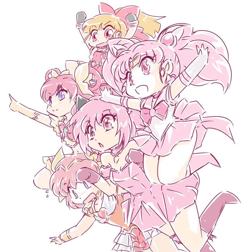 00s, 1990s_(style), 5girls, :d, :o, ai_tenshi_densetsu_wedding_peach, akazutsumi_momoko, animal_ears